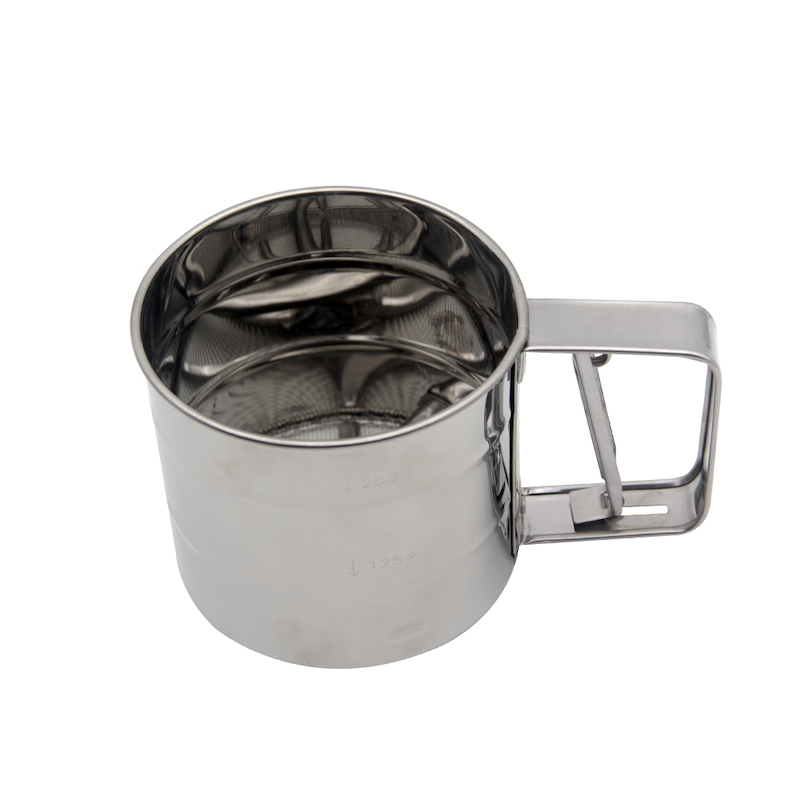 Εργαλείο ψησίματος με κλίμακα μέτρησης αλεύρι ζάχαρη άχνη από ανοξείδωτο ατσάλι Shaker Sieve Cup Mesh Crank Flour Sifter